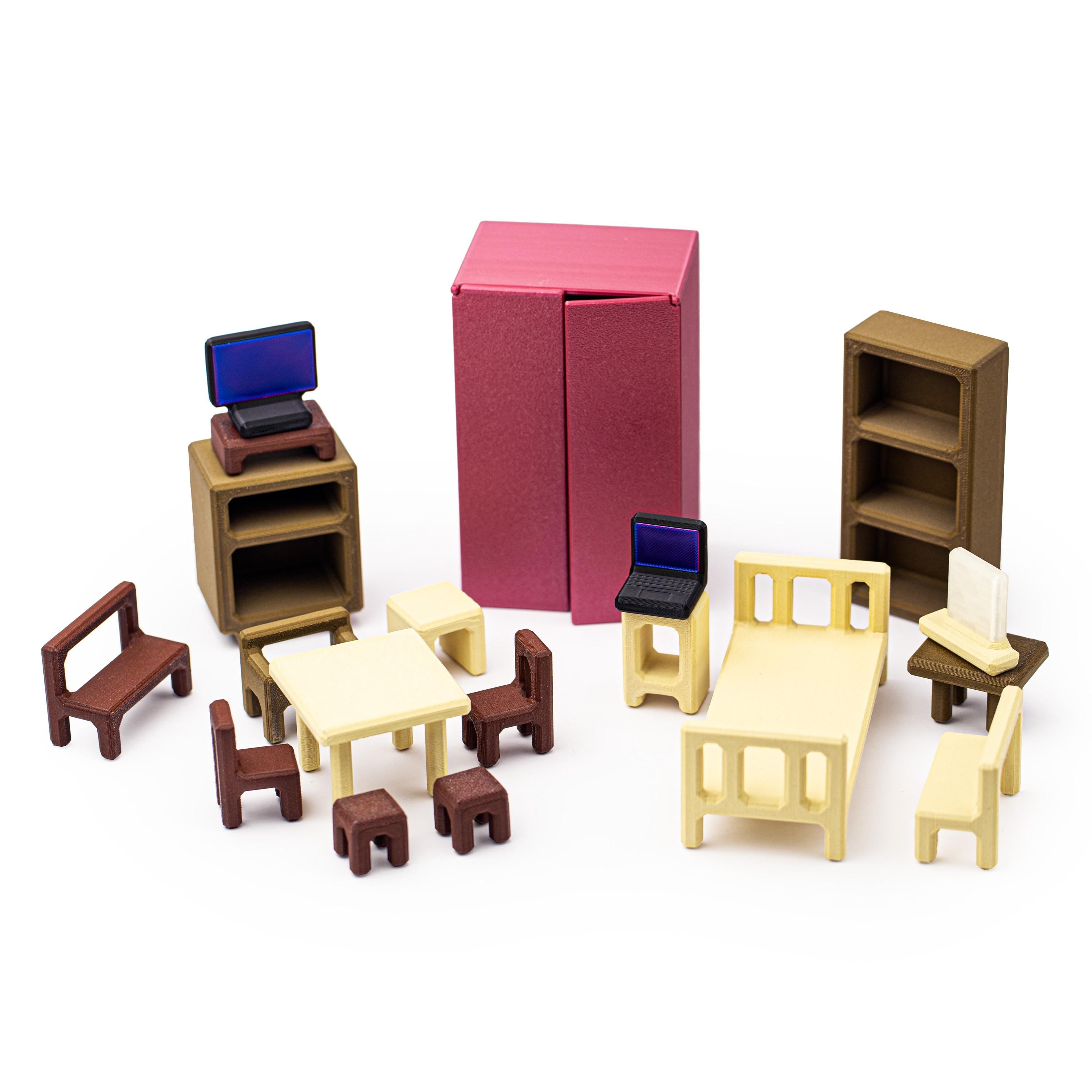 Furniture set puzzle. Fit all 18 pieces of furniture inside the wardrobe.