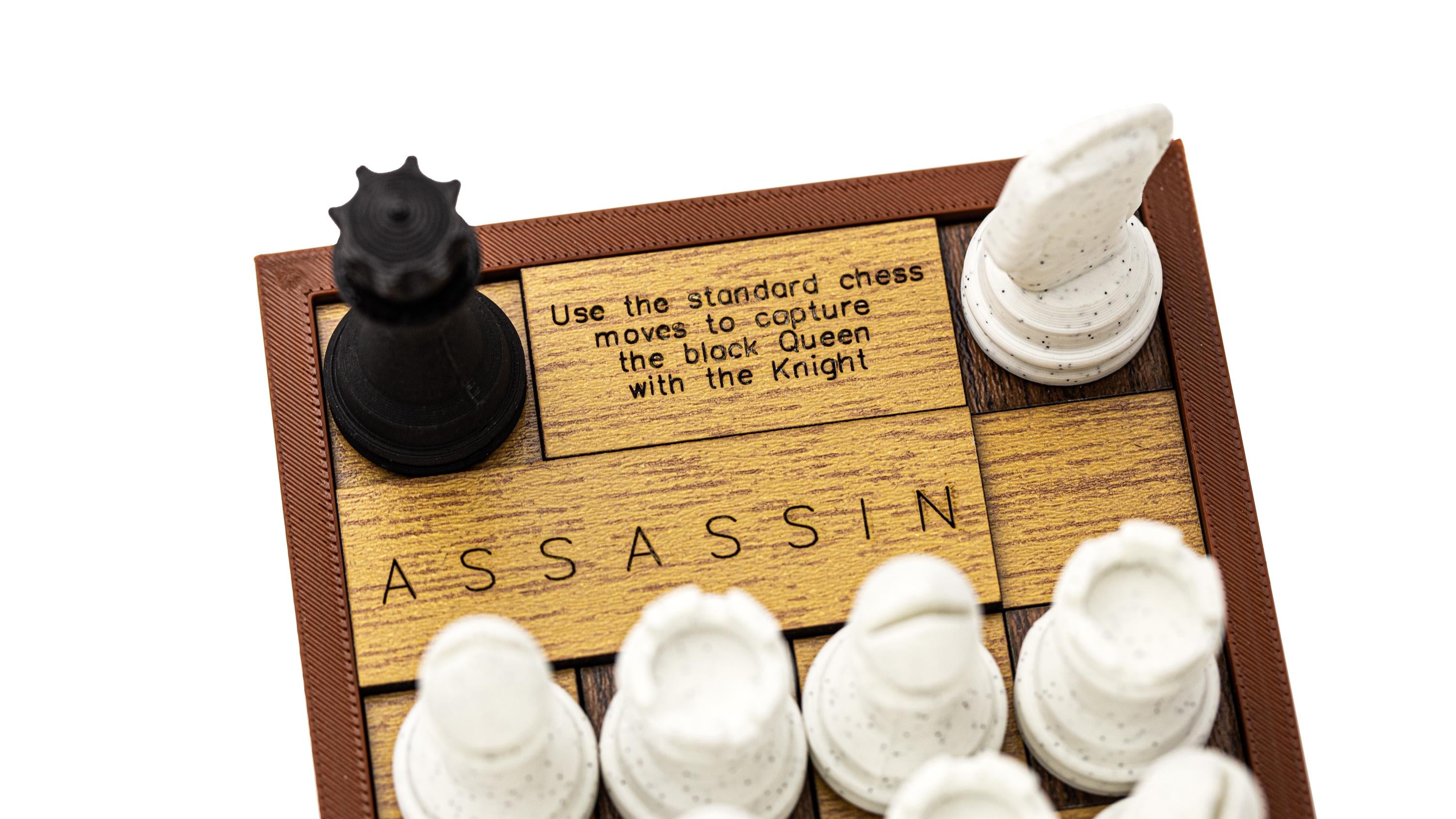 The Assassin puzzle. Capture the Black Queen with the White Knight.