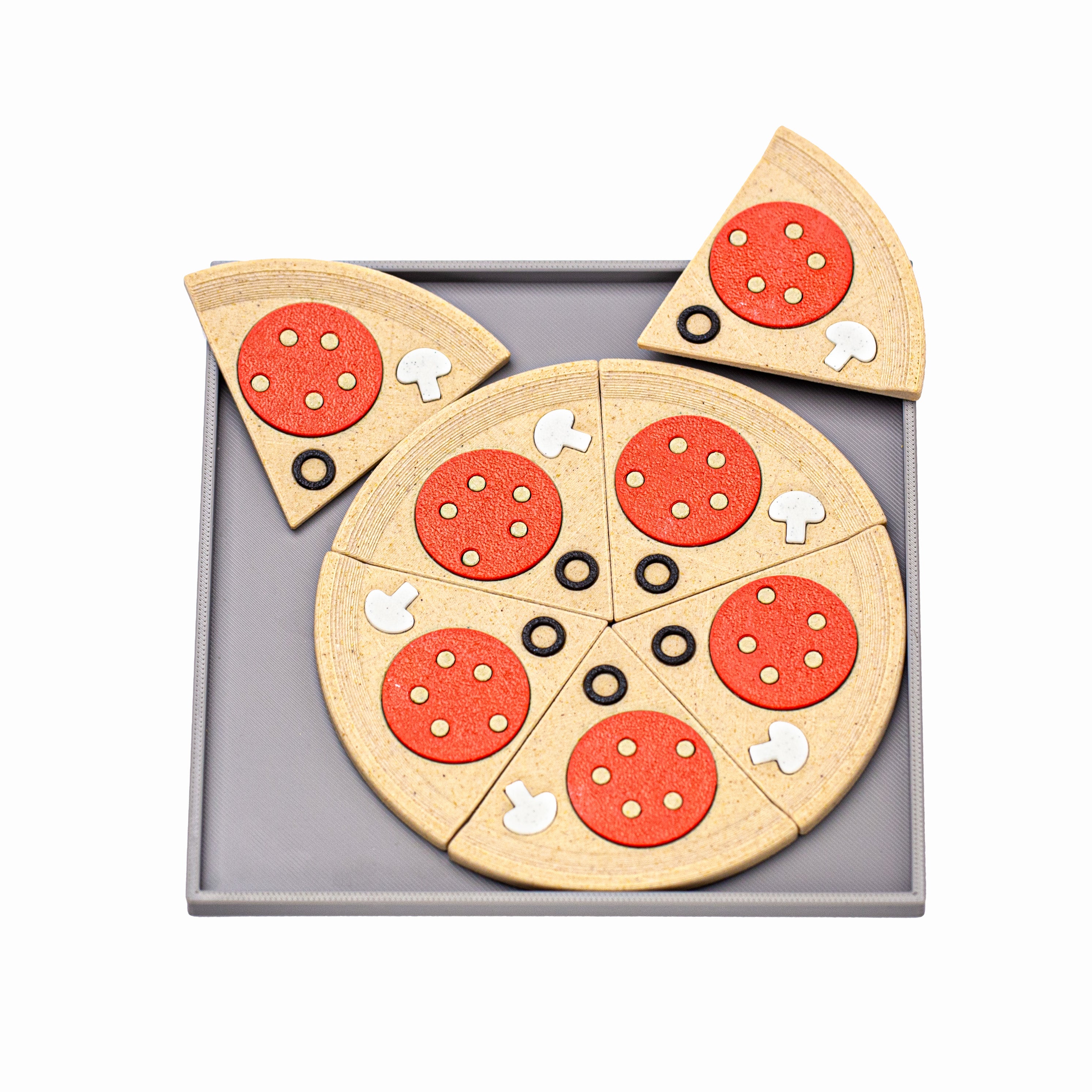 Pizza penne puzzle. Fit 7 pizza slices into the frame.