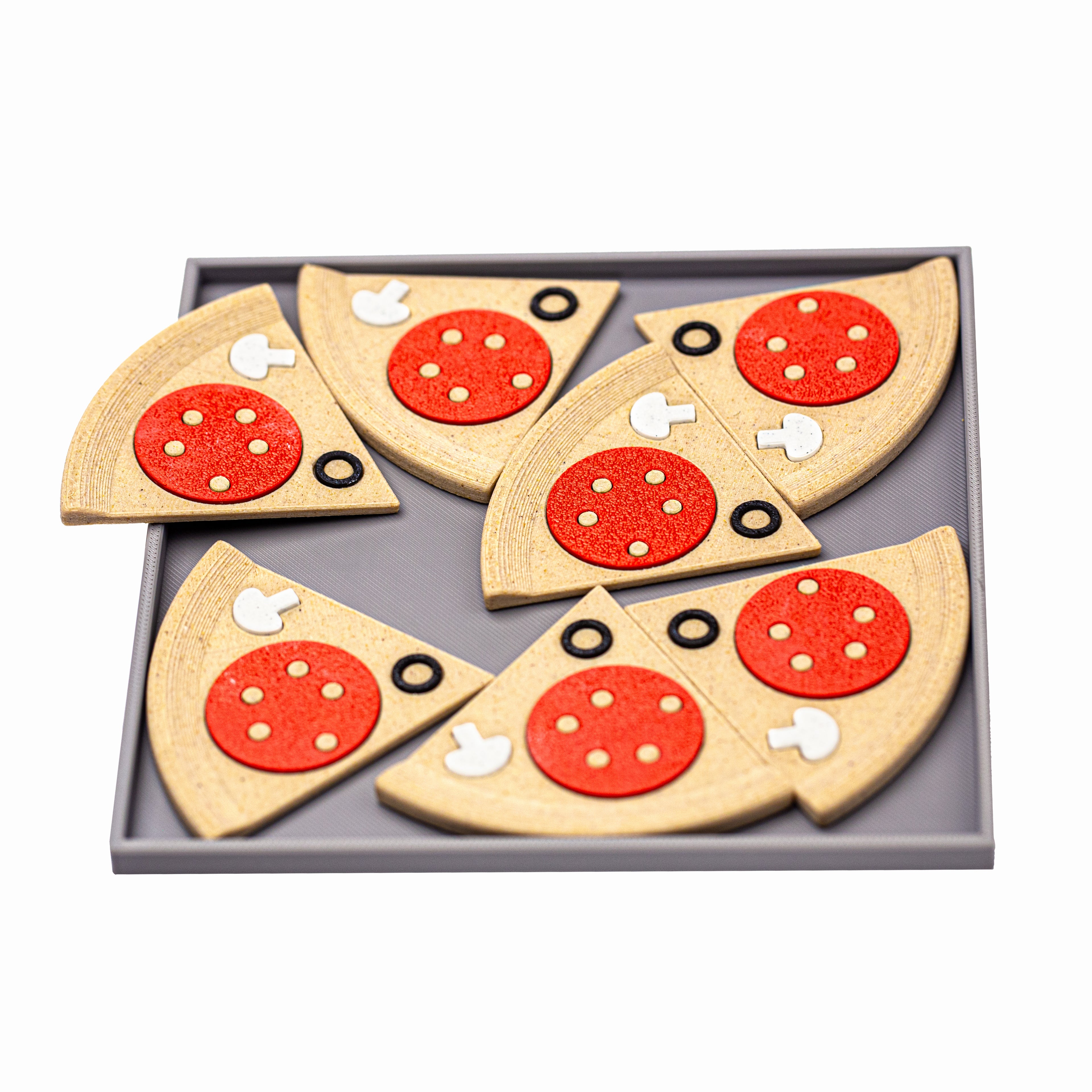 Pizza penne puzzle. Fit 7 pizza slices into the frame.