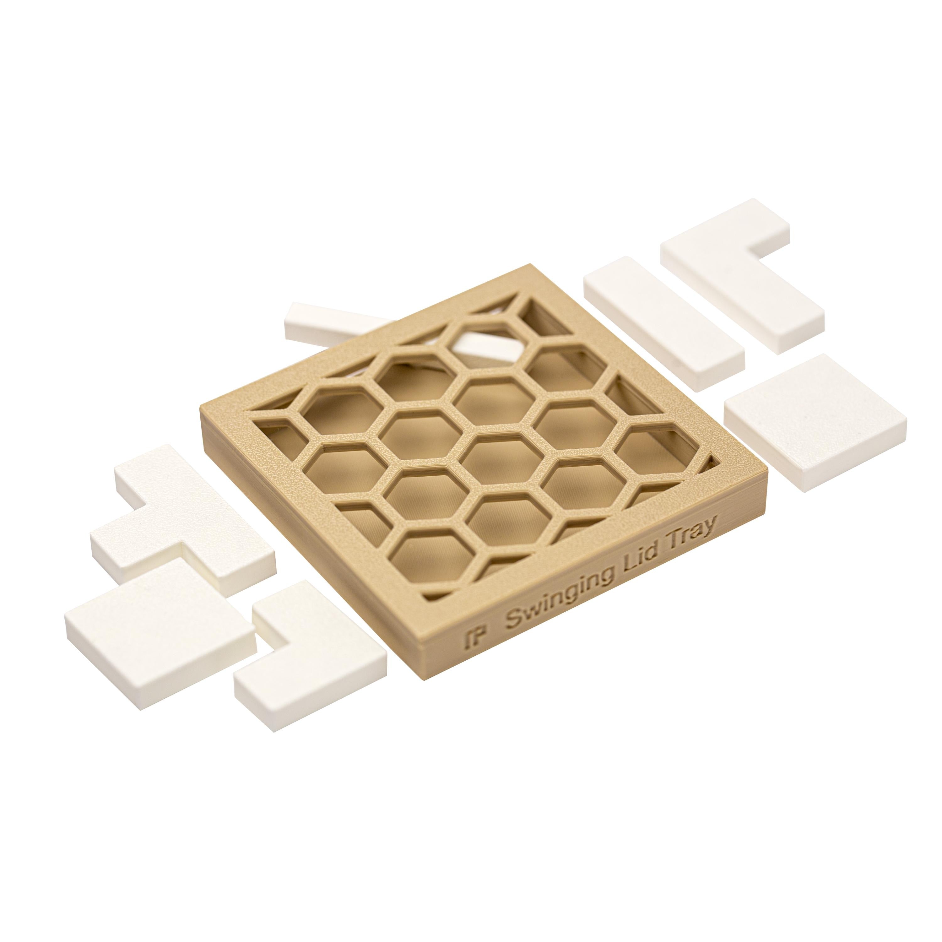 Swinging Lid Tray puzzle. Fit all parts inside.