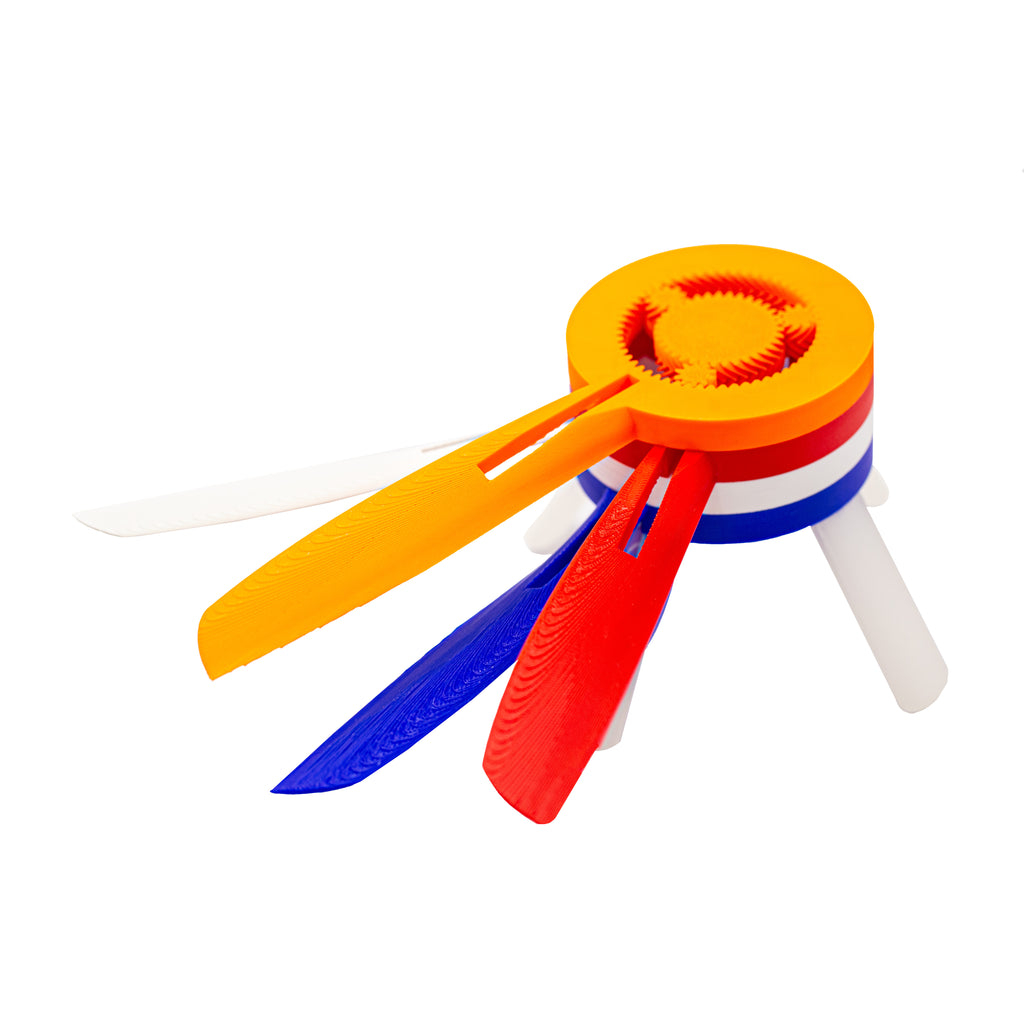 Drone puzzle with red, orange, white and blue blades