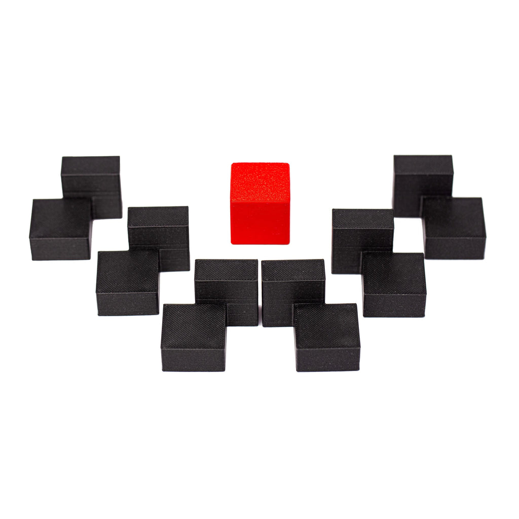 Surround the red cube with 6 black pieces. Surround puzzle.